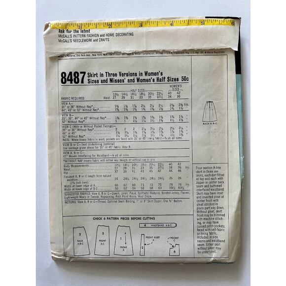 Vintage 1960s Mccalls sewing pattern #8487 knee length skirt size 12.5 uncut - Picture 2 of 3
